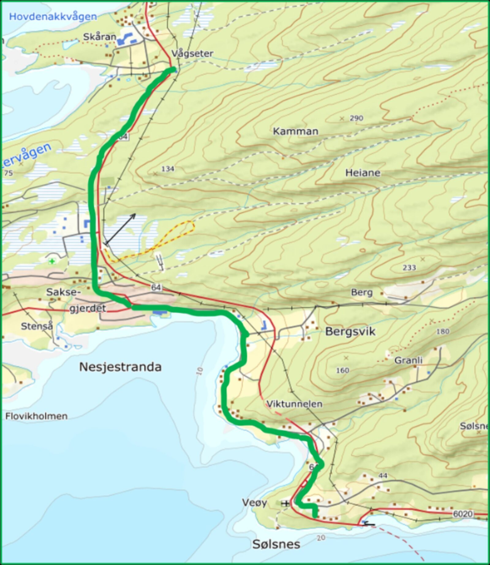 Den grønne linja angir hvor det skal graves mellom mellom Vågsetra og Sølnes.