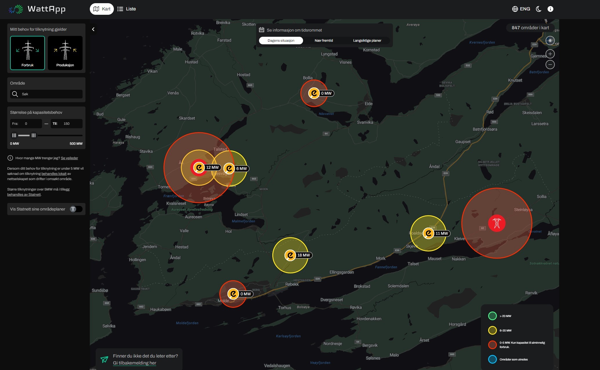Bilde som viser skjermbilde fra kartløsningen WattApp som viser kapasitet i strømnettet