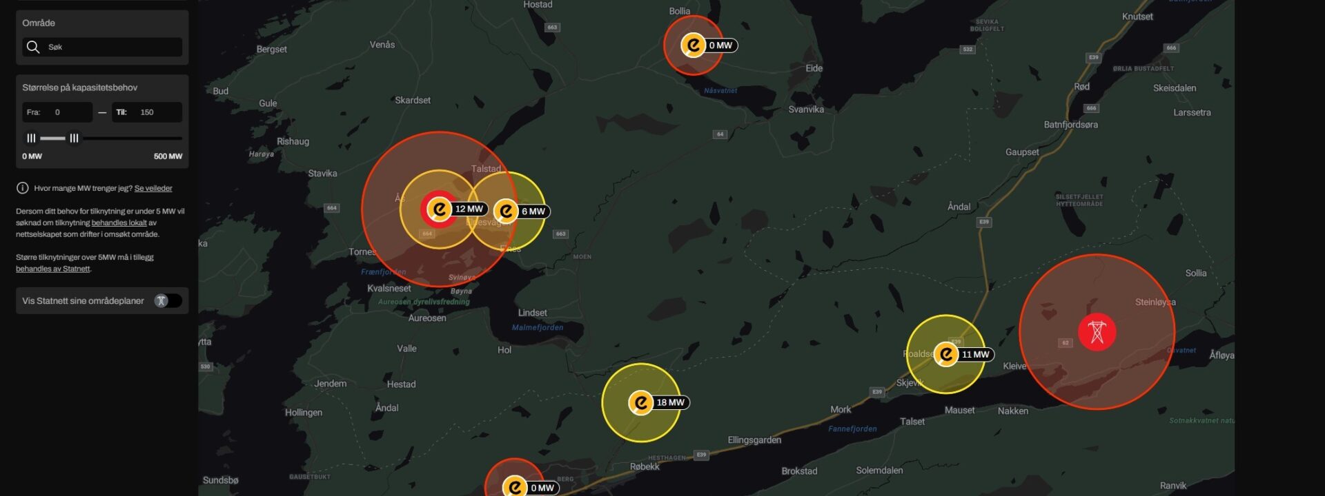 Bilde som viser skjermbilde fra kartløsningen WattApp som viser kapasitet i strømnettet